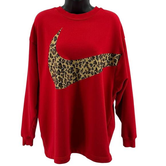 Nike Sweatshirt WMNS M Pullover Loose Fit Crew Neck Red Cheetah Swoosh Logo - Picture 1 of 8